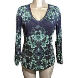 Axcess Floral V-Neck Long Sleeve Top Green/Blue Lace Trim Boho-Chic Size Large